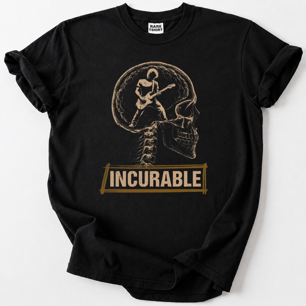 Vintage skull guitarist graphic tee, black cotton rock band t-shirt design