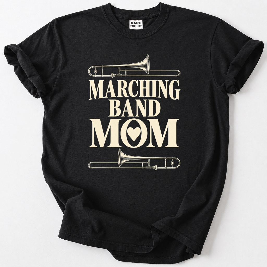 Black Marching Band Mom T-Shirt with trombone graphic design