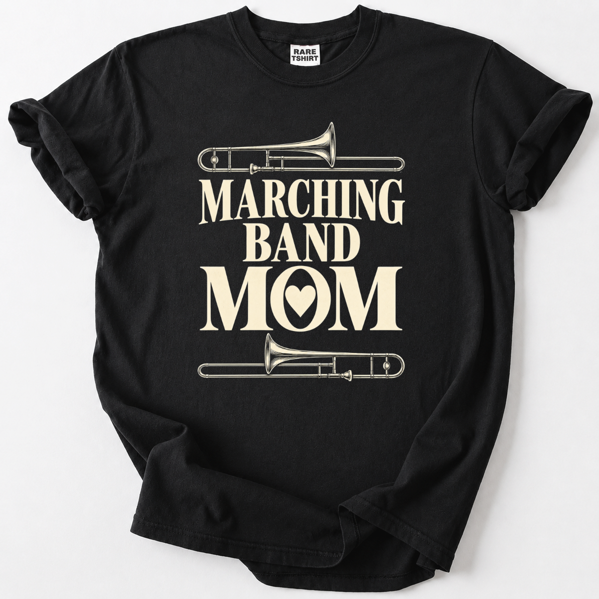 Black Marching Band Mom T-Shirt with trombone graphic design