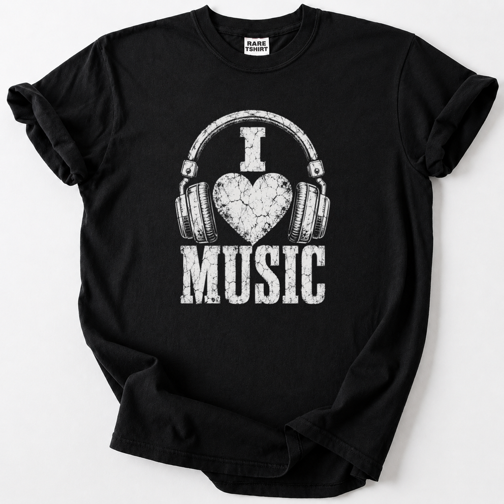 Black I Love Music t-shirt with heart headphones graphic for music lovers