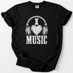 Black I Love Music t-shirt with heart headphones graphic for music lovers
