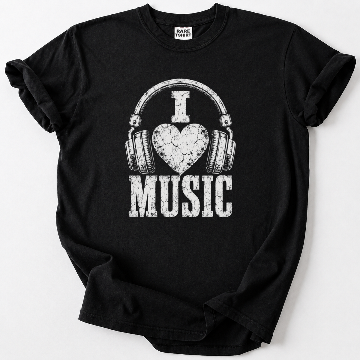 Black I Love Music t-shirt with heart headphones graphic for music lovers