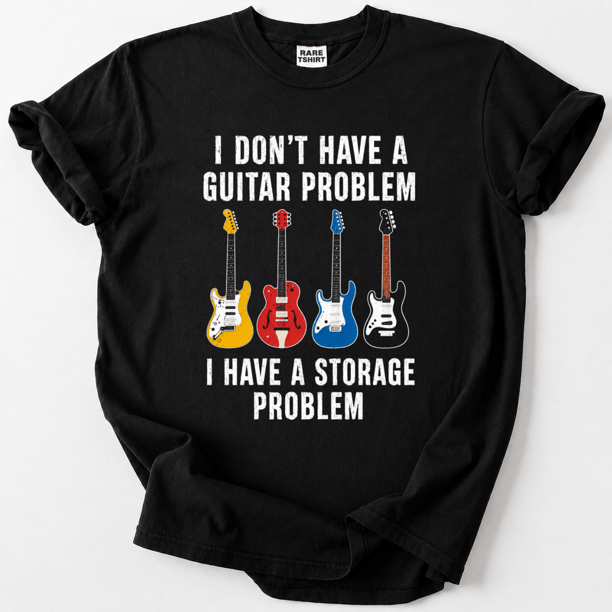 Funny guitar collector t-shirt with four classic guitars and "storage problem" quote design