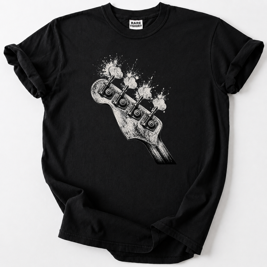 Rock-inspired bass guitar headstock tee for true music lovers. Premium soft cotton, vintage distressed art, perfect gift for bassists &amp; rock fans.