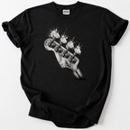 Rock-inspired bass guitar headstock tee for true music lovers. Premium soft cotton, vintage distressed art, perfect gift for bassists &amp; rock fans.