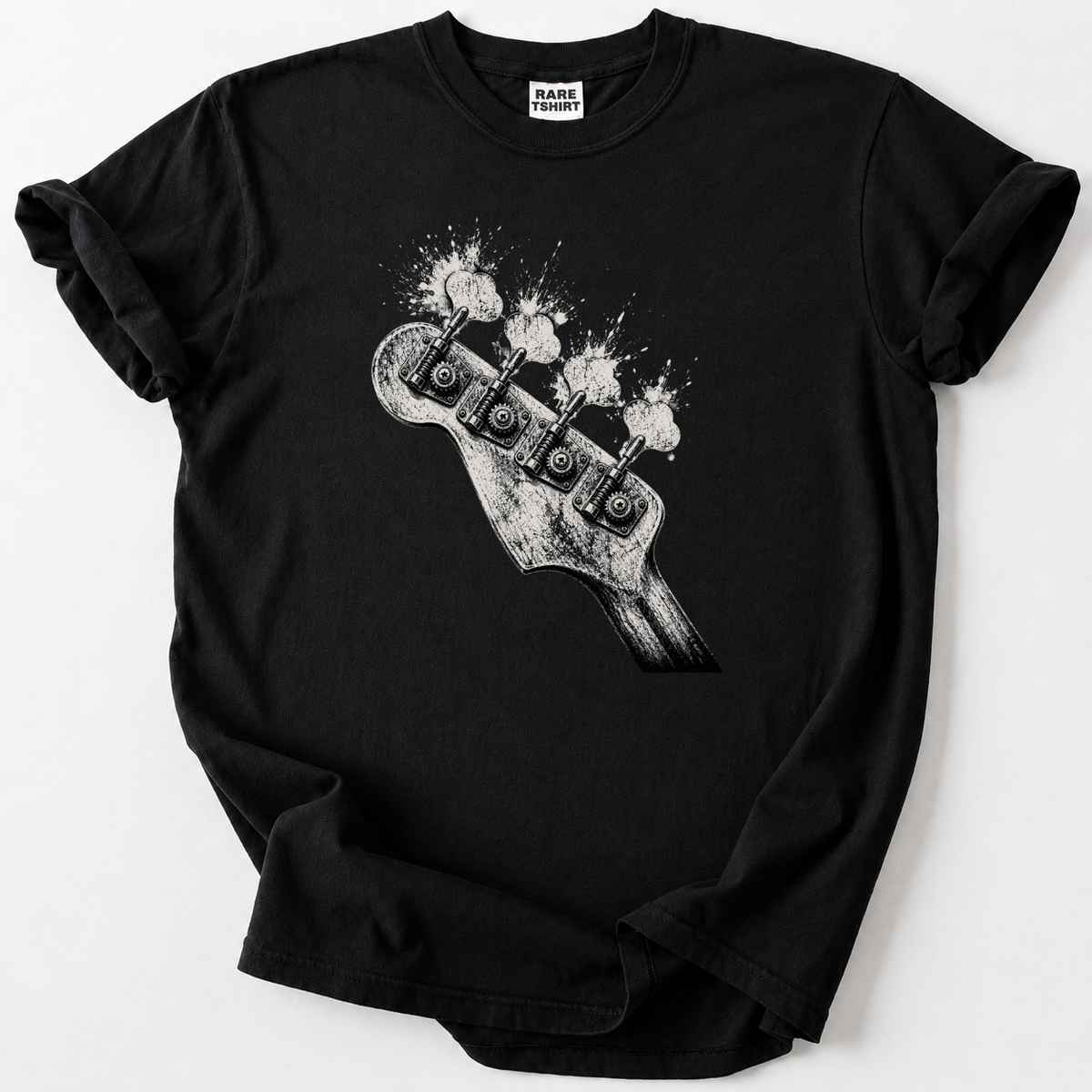 Rock-inspired bass guitar headstock tee for true music lovers. Premium soft cotton, vintage distressed art, perfect gift for bassists &amp; rock fans.