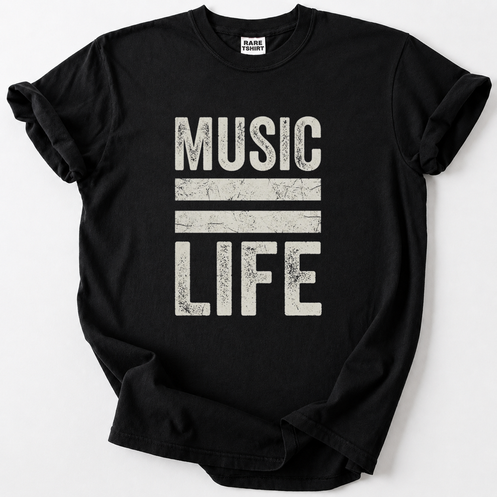 Black music lover t-shirt with bold "Music Equals Life" vintage graphic design