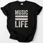 Black music lover t-shirt with bold "Music Equals Life" vintage graphic design