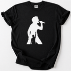 Bold black tee featuring a striking singer-and-fan silhouette design — perfect for music lovers, concert-goers, and anyone who lives for live performances.