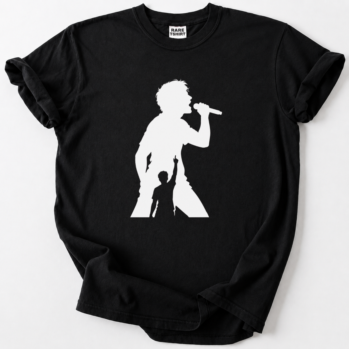 Bold black tee featuring a striking singer-and-fan silhouette design — perfect for music lovers, concert-goers, and anyone who lives for live performances.