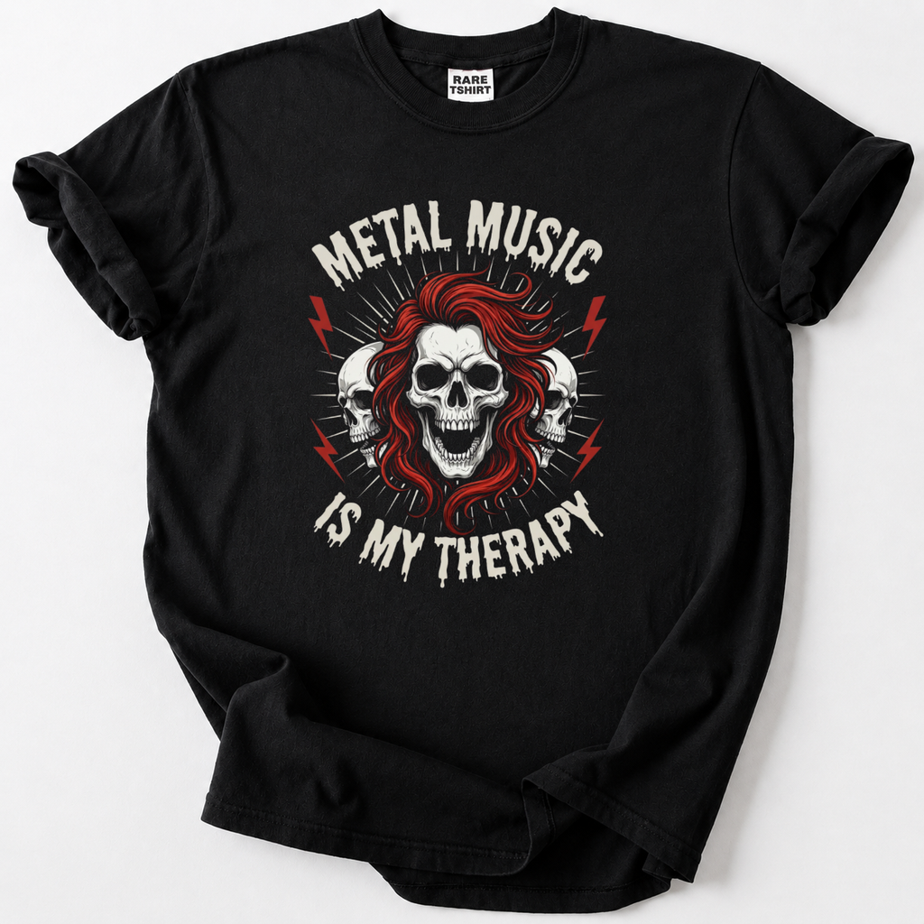  Metal Music Is My Therapy tee. Bold skull art, premium cotton comfort. 