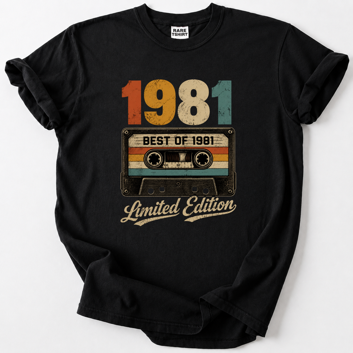 Black t-shirt with vintage 1981 cassette tape design, limited edition music tee