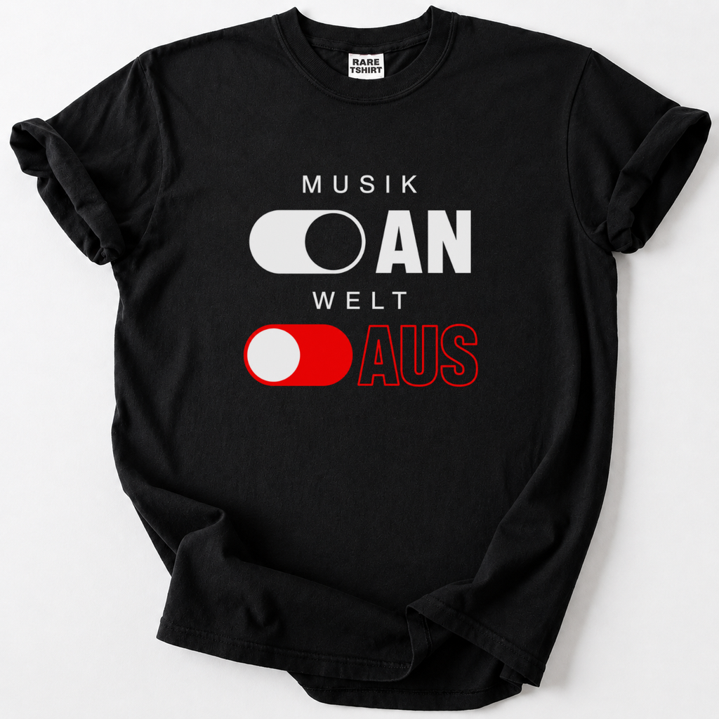 Zeig deine Musikleidenschaft mit unserem einzigartigen 'Musik An, Welt Aus' T-Shirt aus Bio-Baumwolle. Perfektes Geschenk für Musikfans. 