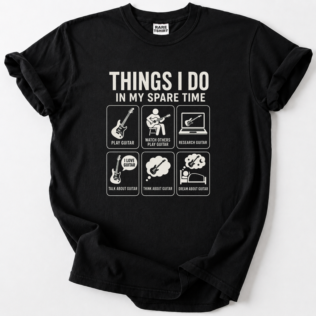 Hilarious guitar lover t-shirt for musicians who play, watch, research, talk, think and dream about guitar. Soft premium cotton, perfect music gift.
