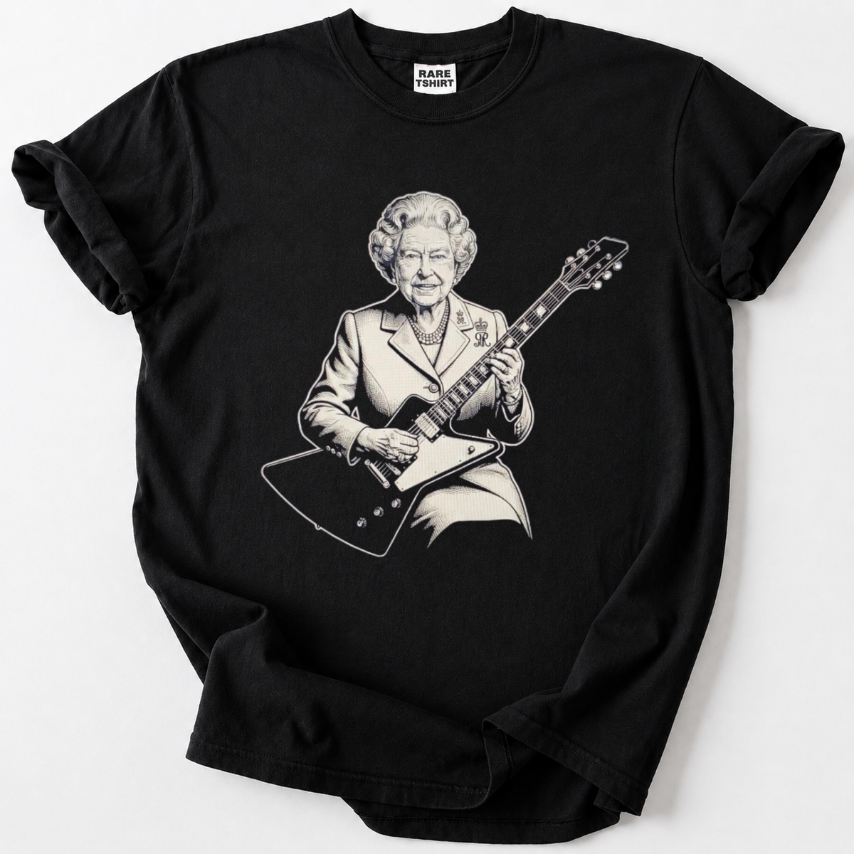 Royal rock guitarist graphic on black vintage-style cotton t-shirt for music fans