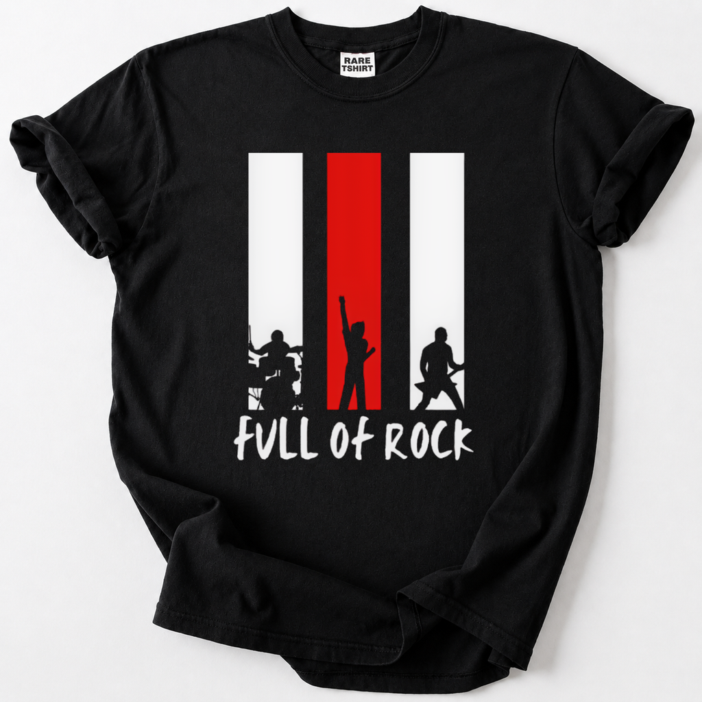 Black classic rock band silhouette t-shirt with guitarist, singer, and drummer graphic