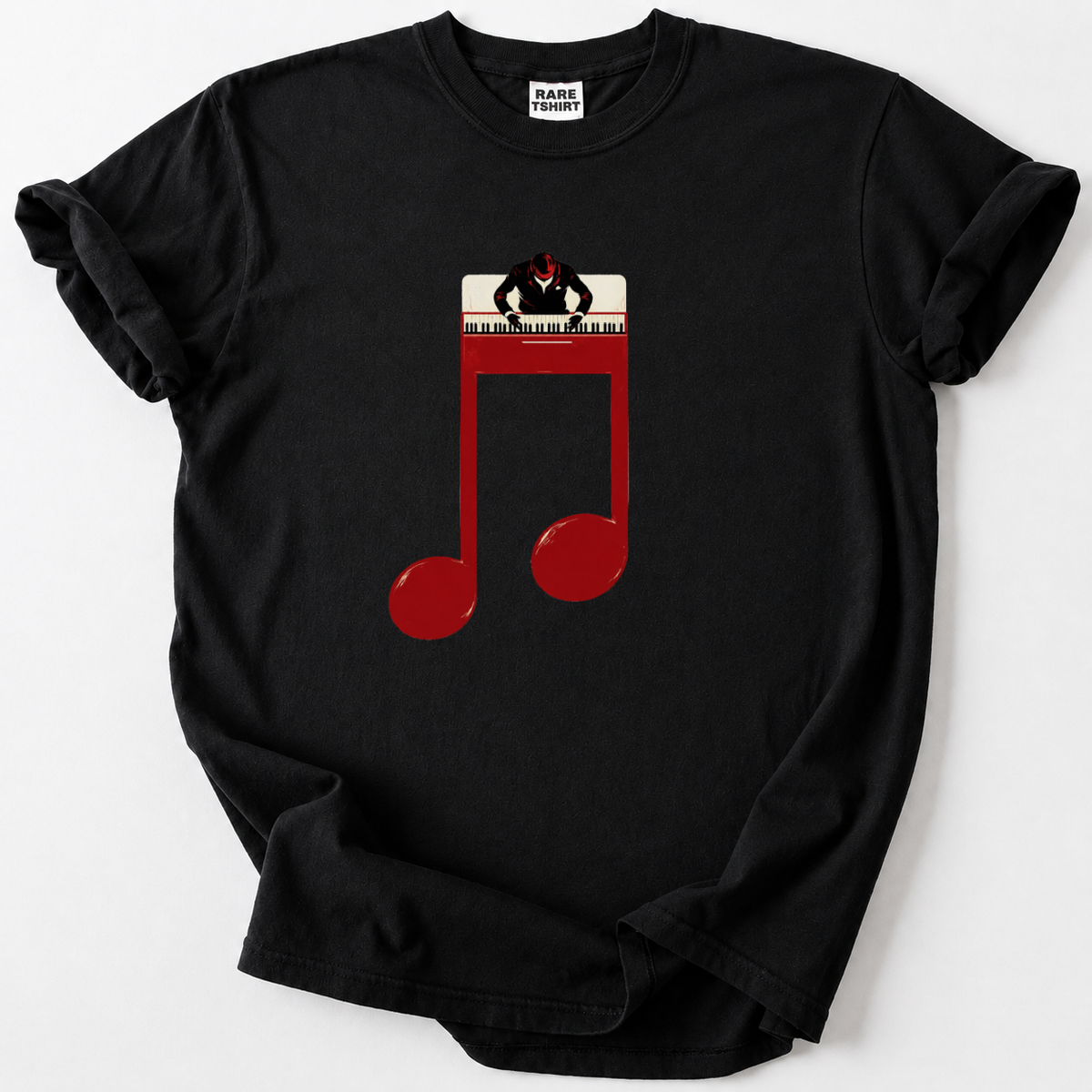 Unique piano player t-shirt with artistic music note design. Premium soft cotton, perfect gift for musicians &amp; music lovers.