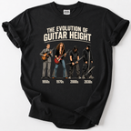 Black t-shirt featuring vintage rock guitar height evolution graphic design