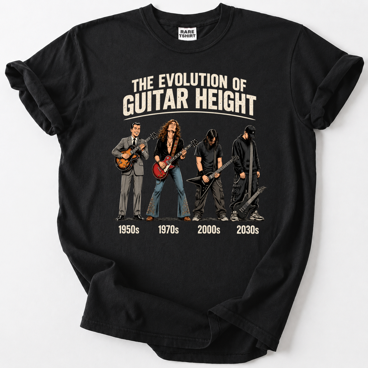 Black t-shirt featuring vintage rock guitar height evolution graphic design