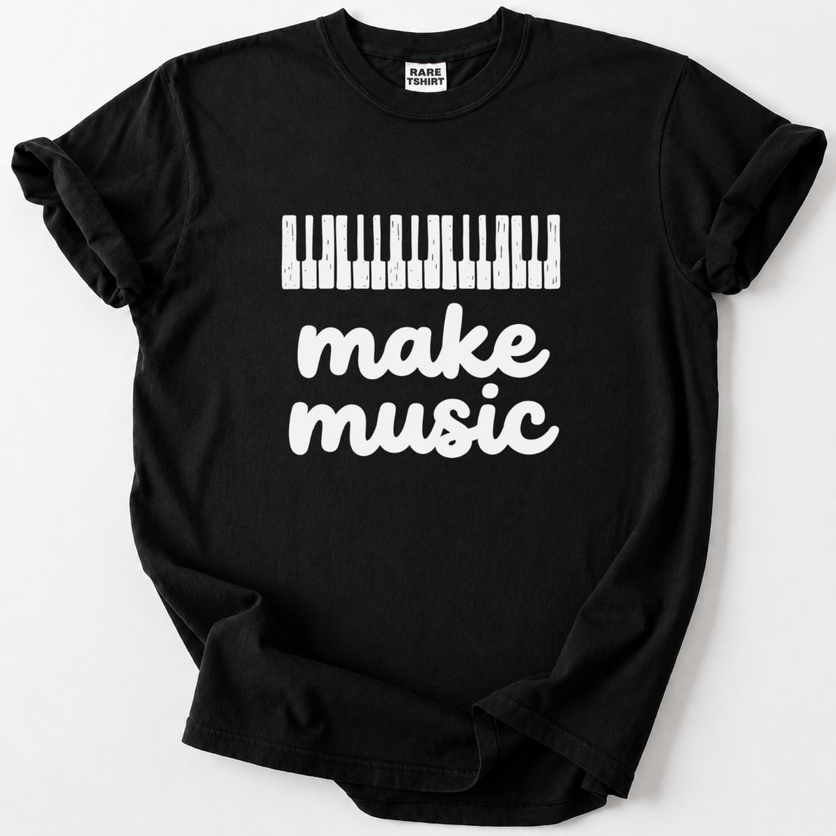 Celebrate your passion for music with our "Make Music" piano keys tee. Soft, durable cotton in a bold retro design