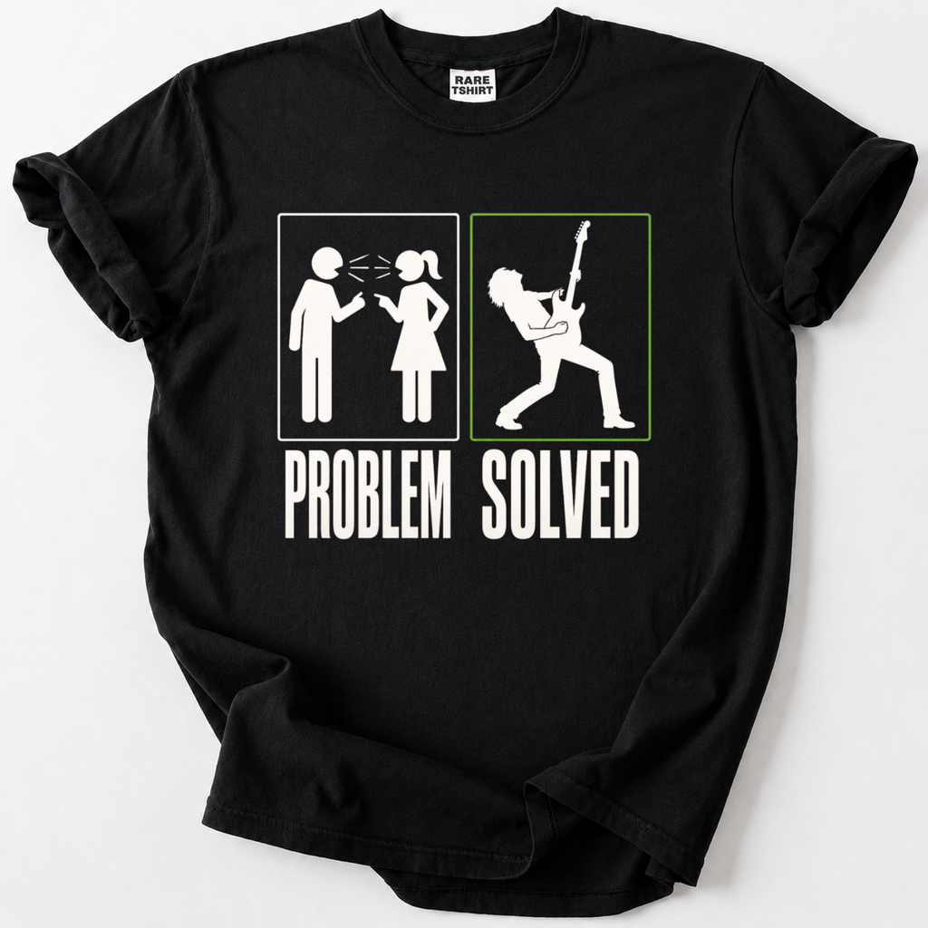 Black t-shirt with funny Problem Solved guitar player and couple argument graphic