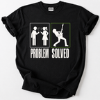 Black t-shirt with funny Problem Solved guitar player and couple argument graphic