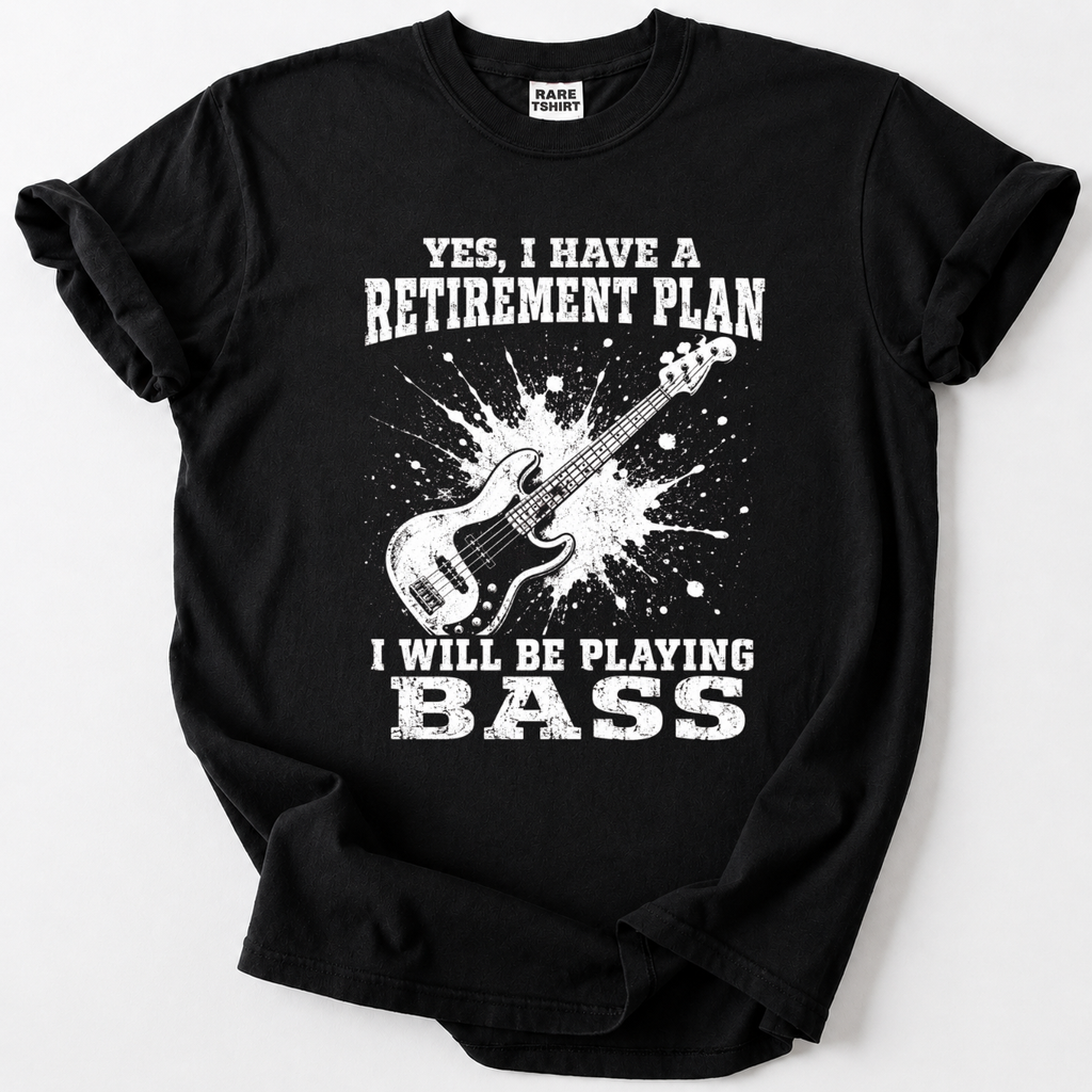 Man wearing black bass guitar retirement plan funny musician t-shirt with splatter design