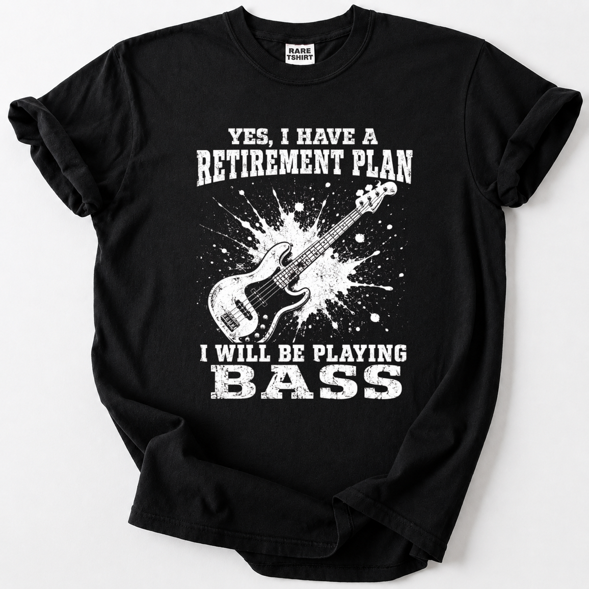 Man wearing black bass guitar retirement plan funny musician t-shirt with splatter design