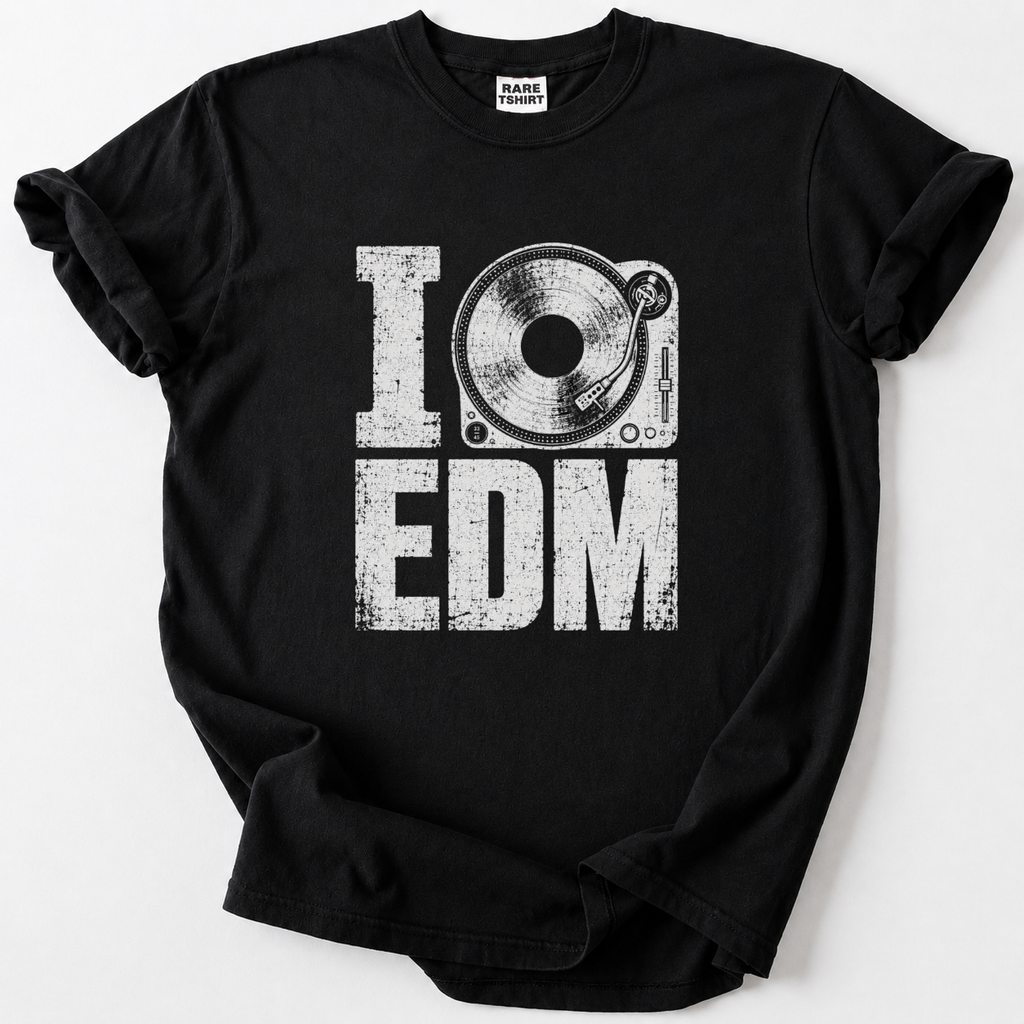 Black I Love EDM turntable graphic t-shirt for electronic dance music and festival fans