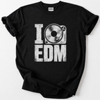 Black I Love EDM turntable graphic t-shirt for electronic dance music and festival fans