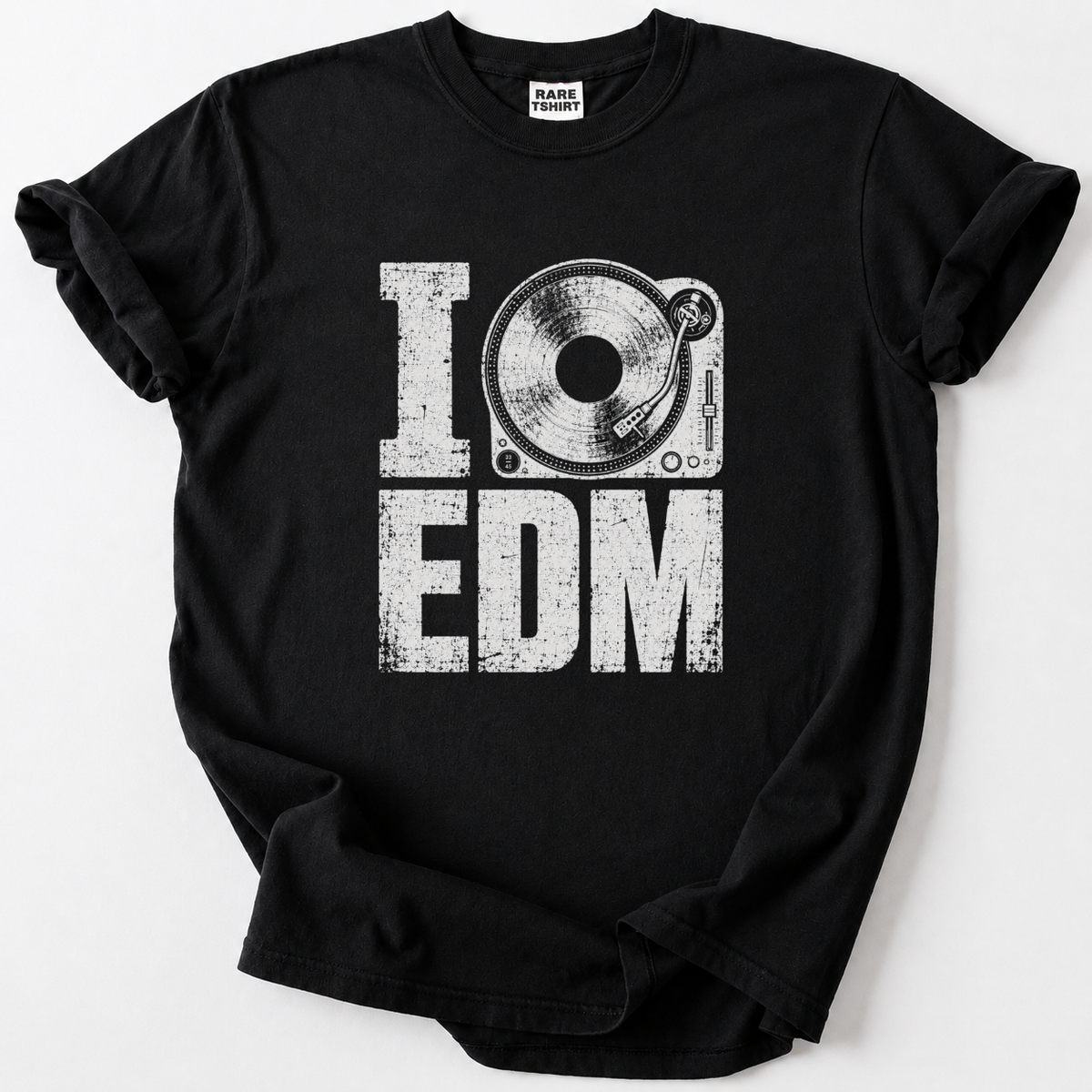 Black I Love EDM turntable graphic t-shirt for electronic dance music and festival fans