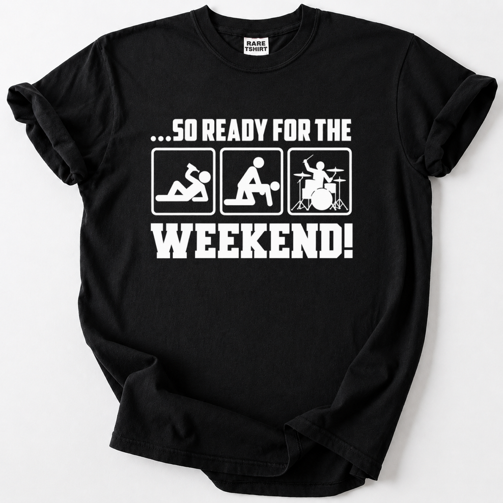 Funny black rock music t-shirt with weekend humor graphic and drummer illustration