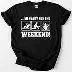 Funny black rock music t-shirt with weekend humor graphic and drummer illustration