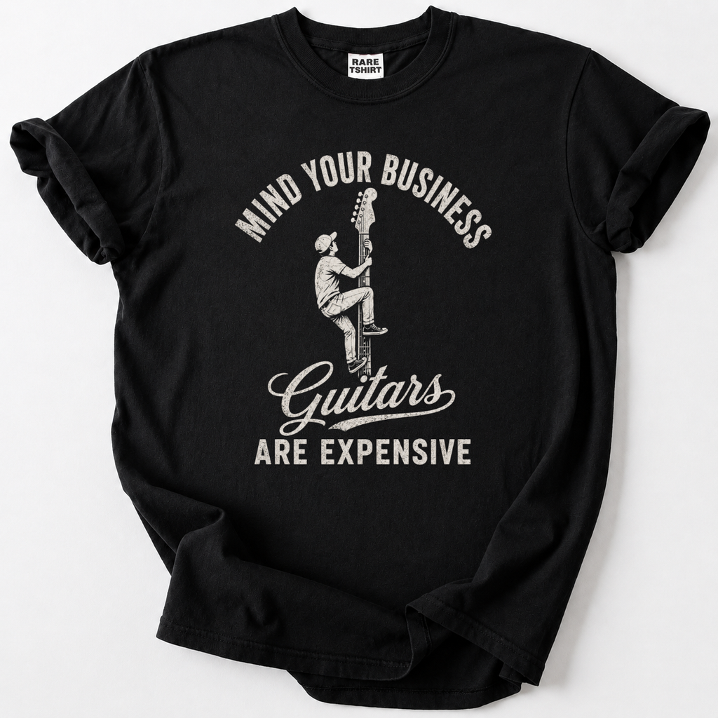 Black vintage guitar t-shirt with funny "Guitars Are Expensive" graphic design