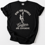 Black vintage guitar t-shirt with funny "Guitars Are Expensive" graphic design