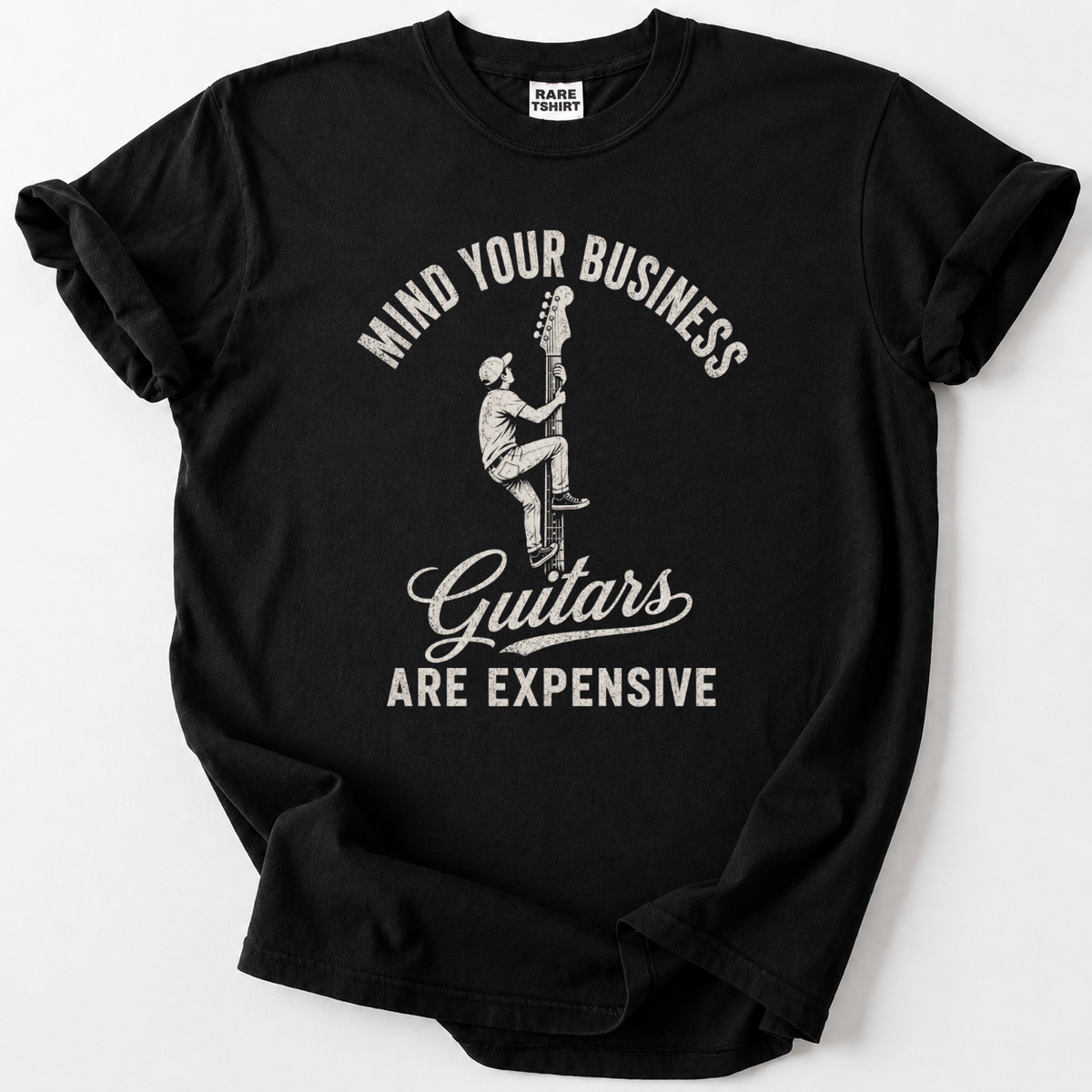 Black vintage guitar t-shirt with funny "Guitars Are Expensive" graphic design