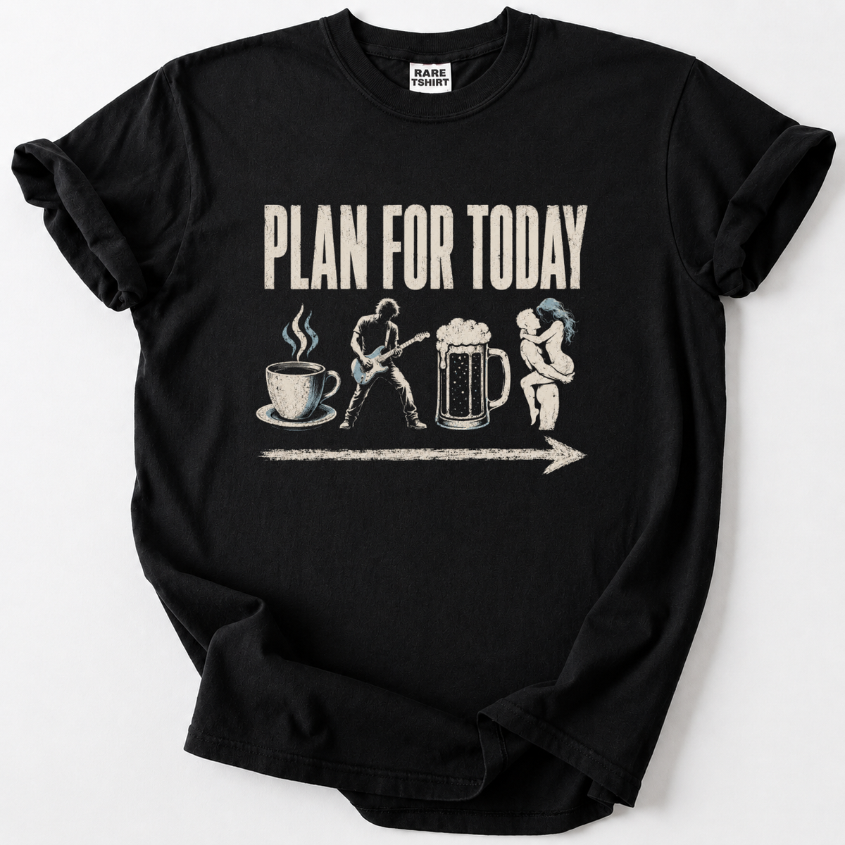 Coffee Guitar Beer graphic t-shirt, black cotton tee with classic rock lifestyle design