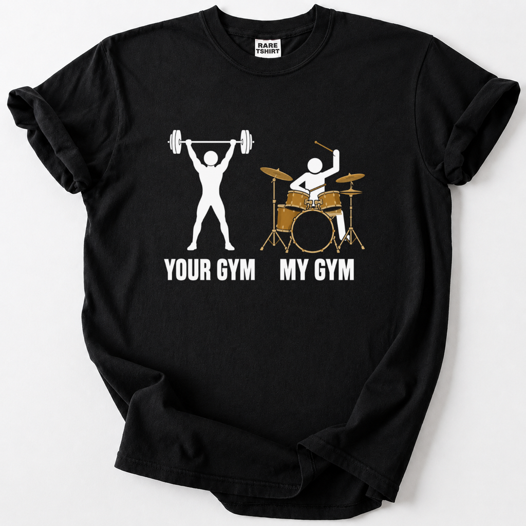 Funny drummer t-shirt for musicians who know their real workout happens behind the kit. Soft, durable cotton. 