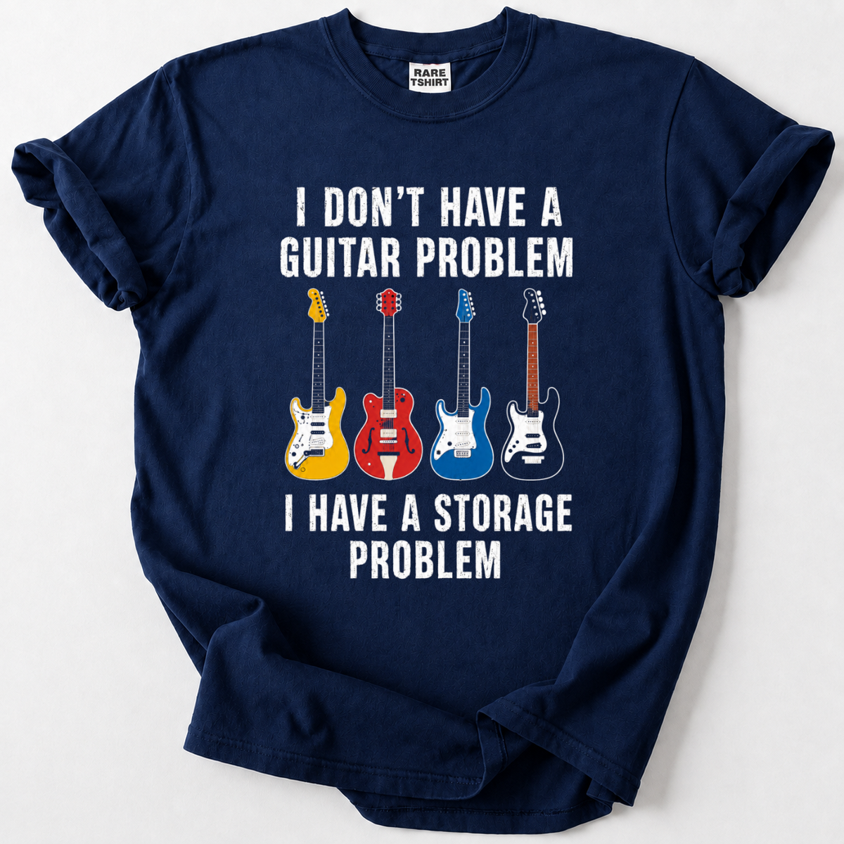 Funny guitar collector t-shirt with four classic guitars and "storage problem" quote design
