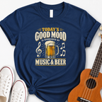 navy t-shirt with vintage music and beer graphic design for classic rock fans