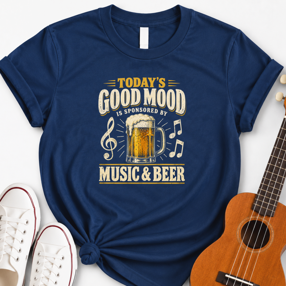 navy t-shirt with vintage music and beer graphic design for classic rock fans