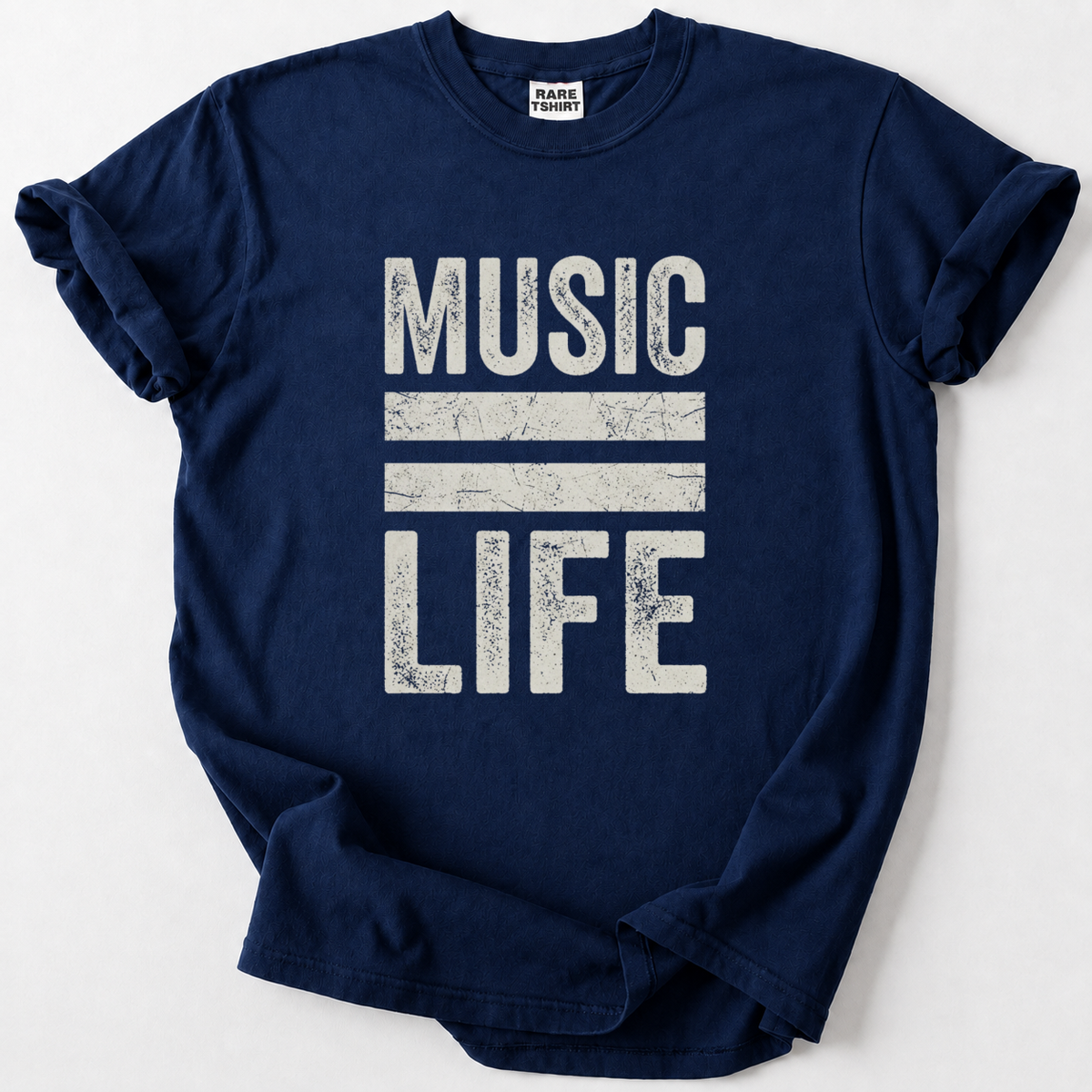 A navy blue short-sleeve t-shirt with a distressed white graphic print that reads 'MUSIC LIFE' separated by two horizontal stripes, laid flat on a light gray background.