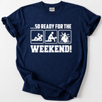 A navy blue short-sleeve t-shirt with a white graphic print that reads '.