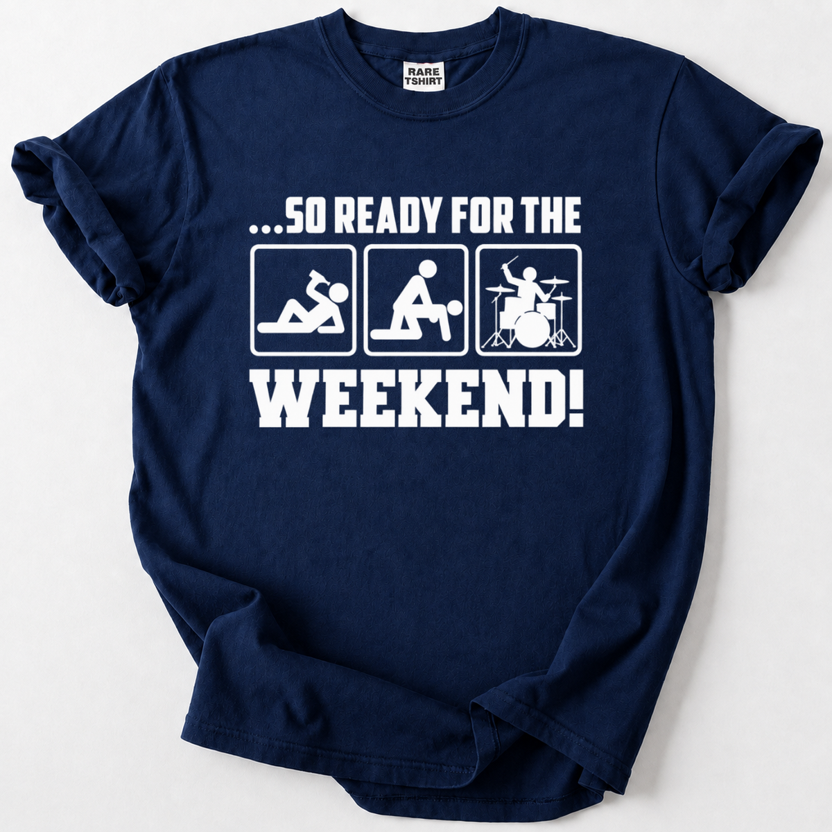 A navy blue short-sleeve t-shirt with a white graphic print that reads '.