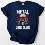 A navy blue short-sleeve t-shirt with a graphic print featuring a skull, red splatter, and the text 'METAL UNTIL DEATH' in white dripping letters. The shirt is laid flat on a light gray background, and a 'BARE T-SHIRT' brand label is visible inside the collar.