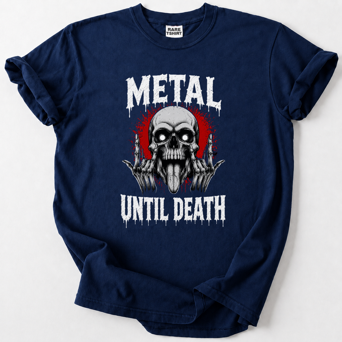A navy blue short-sleeve t-shirt with a graphic print featuring a skull, red splatter, and the text 'METAL UNTIL DEATH' in white dripping letters. The shirt is laid flat on a light gray background, and a 'BARE T-SHIRT' brand label is visible inside the collar.