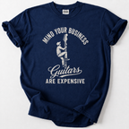 navy vintage guitar t-shirt with funny "Guitars Are Expensive" graphic design