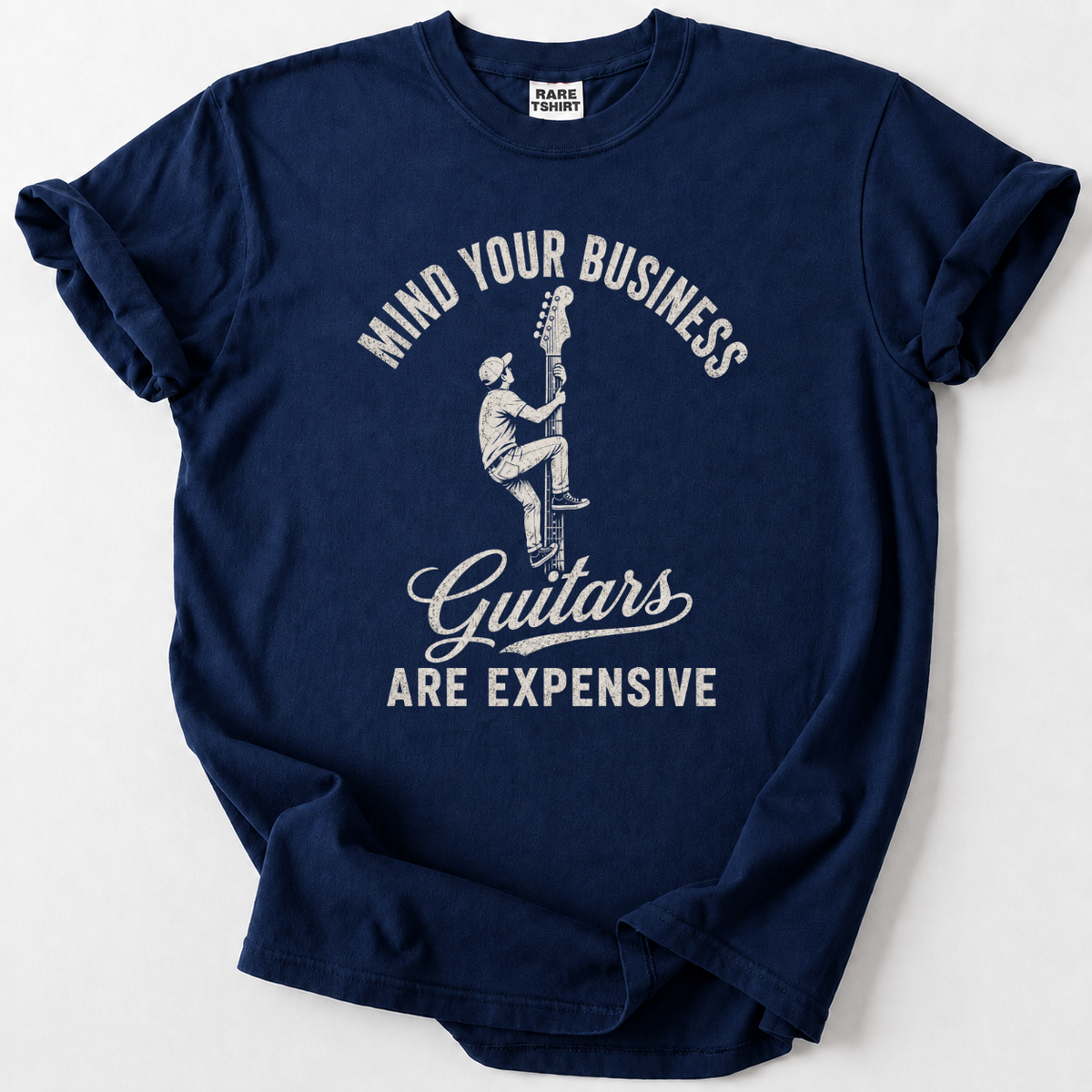 navy vintage guitar t-shirt with funny "Guitars Are Expensive" graphic design