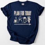 A navy blue short-sleeve t-shirt with a vintage-style cream graphic that reads 'PLAN FOR TODAY' above a row of illustrated icons: a coffee cup, a person playing guitar, a beer mug, and a couple hugging, all under an arrow. The shirt is laid flat on a light gray background.