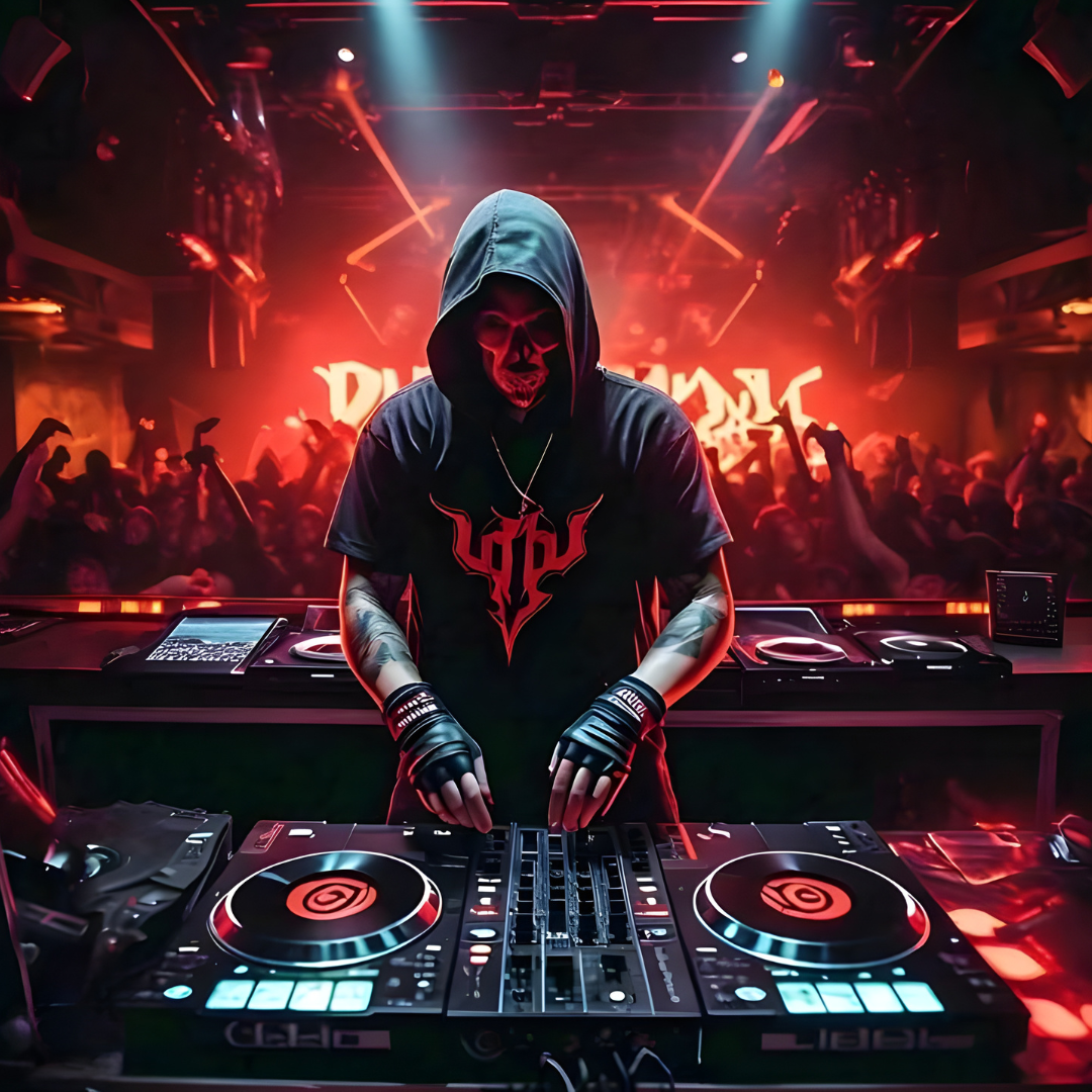 Hooded DJ in Rare Tshirt graphic tee performs metal and rock inspired set in vintage club